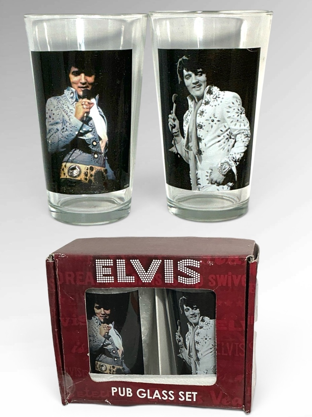 ELVIS Presley Pub Pint Glass Set Vintage Collectible 16 Oz Set of 2 Boxed - Picture 1 of 16